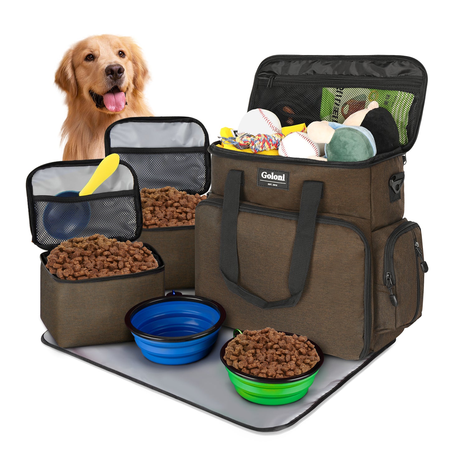 Dog Travel Bag Airline Approved–Pet Travel Tote with Collapsible Bowls,Food Containers & Feeding Mat–Multi-Pocket Organizer for Dogs & Cats, Durable & Water-Resistant for Hiking,Trips,Outdoors