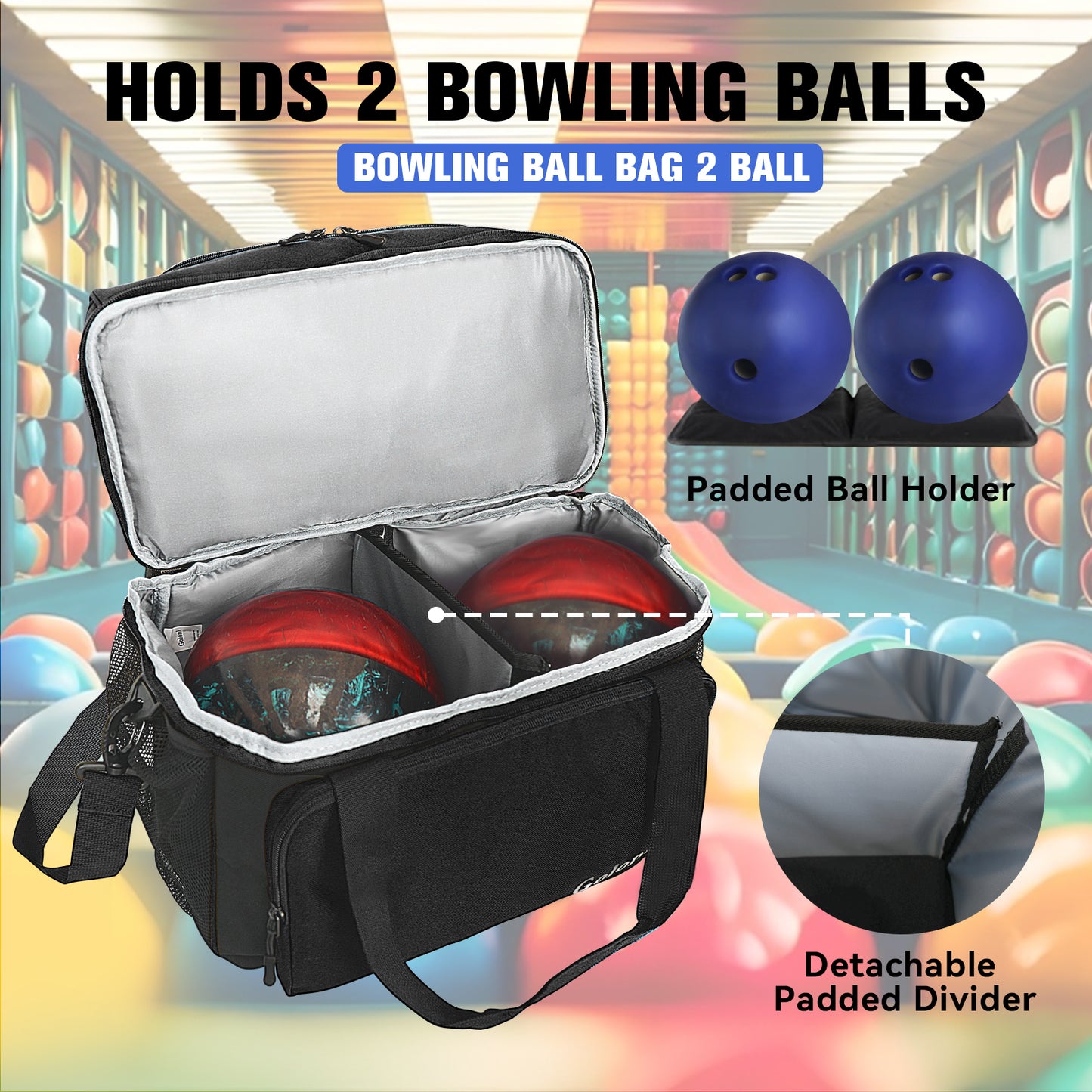 Goloni Bowling Ball Bag 2 Ball, Two Ball Bowling Bag with Padded Ball Holder