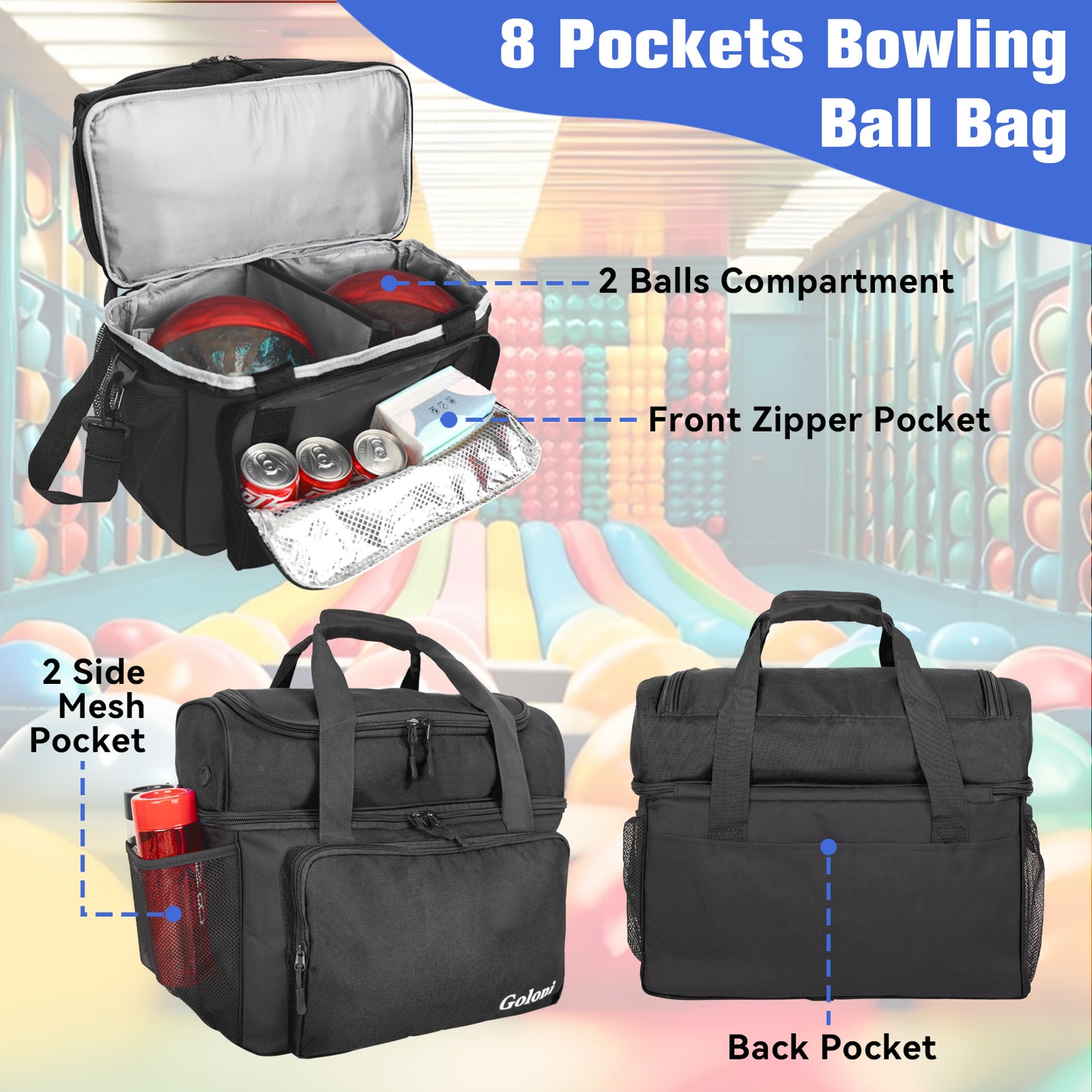 Goloni Bowling Ball Bag 2 Ball, Two Ball Bowling Bag with Padded Ball Holder