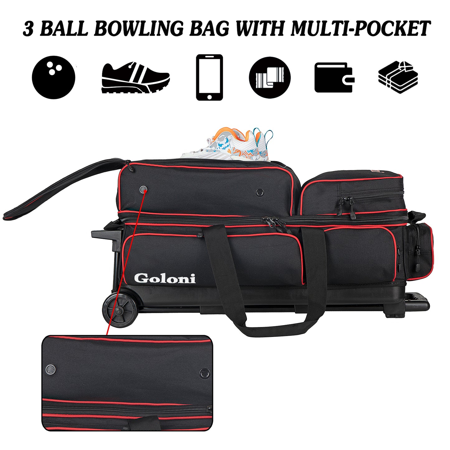 Goloni 3 Ball Bowling Bags with Wheels - Rolling Bowling Bag for 3 Balls & Accessories - Retractable Handle Extends to 38