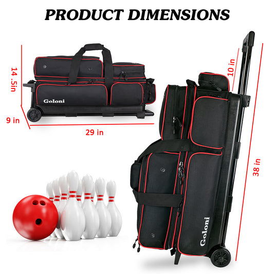 Goloni 3 Ball Bowling Bags with Wheels - Rolling Bowling Bag for 3 Balls & Accessories - Retractable Handle Extends to 38