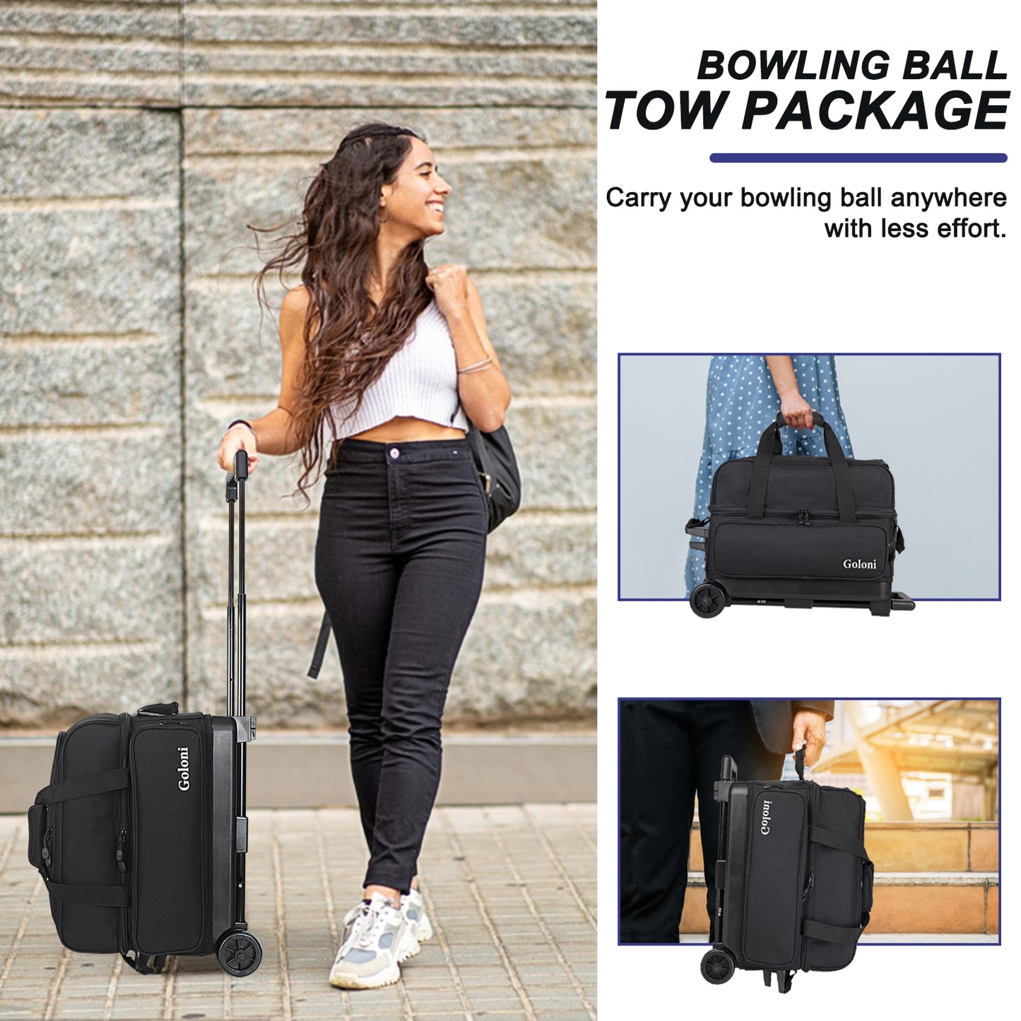 Goloni Double Roller 2 Ball Bowling Bag with Separate Shoe Compartment,2 Ball Bowling Bag with Wheels,Retractable Handle Extends to 40"