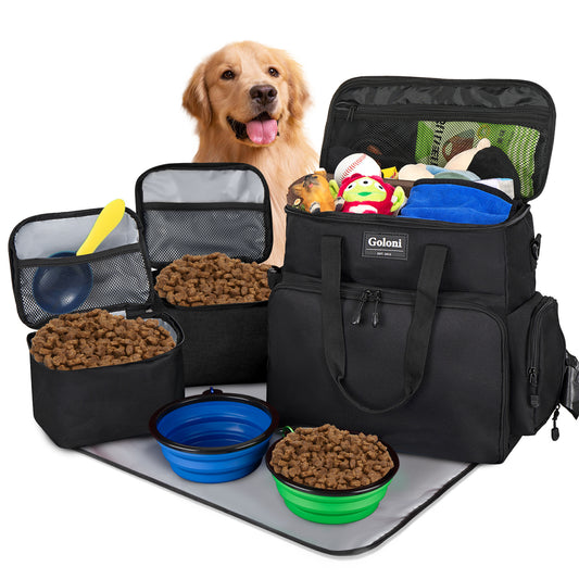 Dog Travel Bag Airline Approved–Pet Travel Tote with Collapsible Bowls,Food Containers & Feeding Mat–Multi-Pocket Organizer for Dogs & Cats, Durable & Water-Resistant for Hiking,Trips,Outdoors