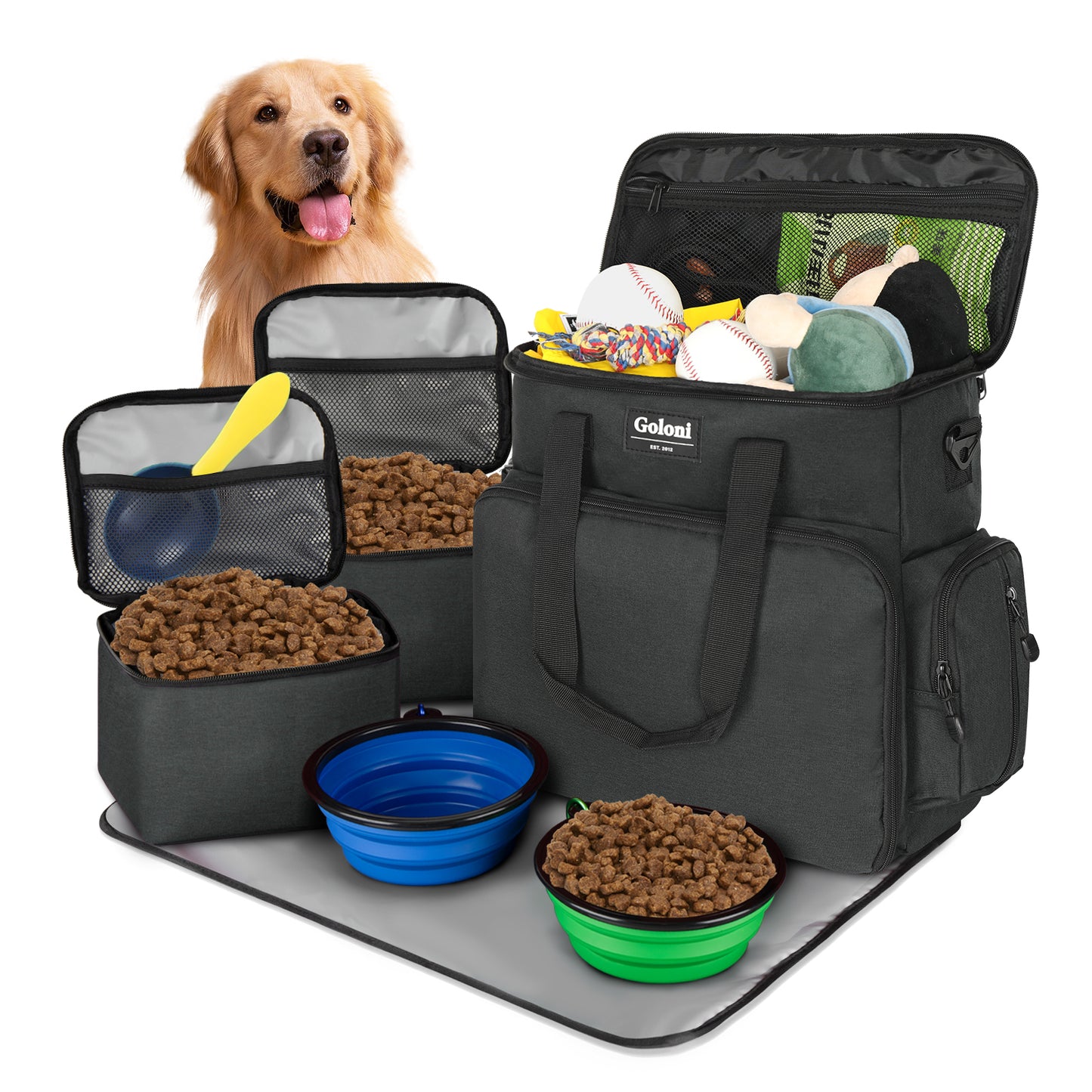 Dog Travel Bag Airline Approved–Pet Travel Tote with Collapsible Bowls,Food Containers & Feeding Mat–Multi-Pocket Organizer for Dogs & Cats, Durable & Water-Resistant for Hiking,Trips,Outdoors