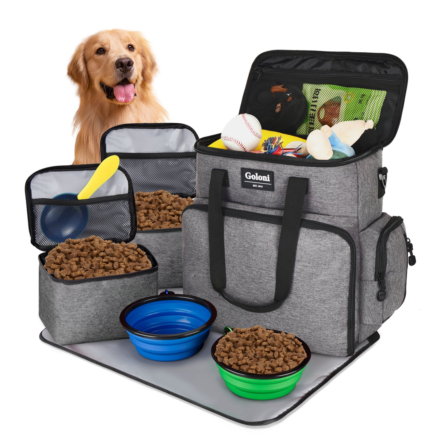 Dog Travel Bag Airline Approved–Pet Travel Tote with Collapsible Bowls,Food Containers & Feeding Mat–Multi-Pocket Organizer for Dogs & Cats, Durable & Water-Resistant for Hiking,Trips,Outdoors