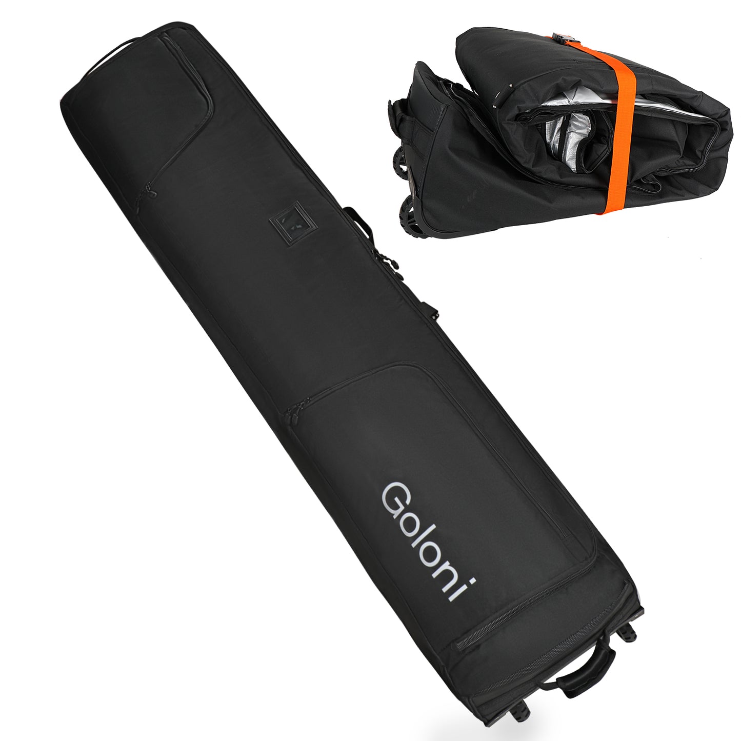 Goloni Ski Bag with Wheels,Padded Snowboard Bag for Air Travel,600D Waterproof Fabric,Foldable Snow Bag Fits 2 Pairs Skis
