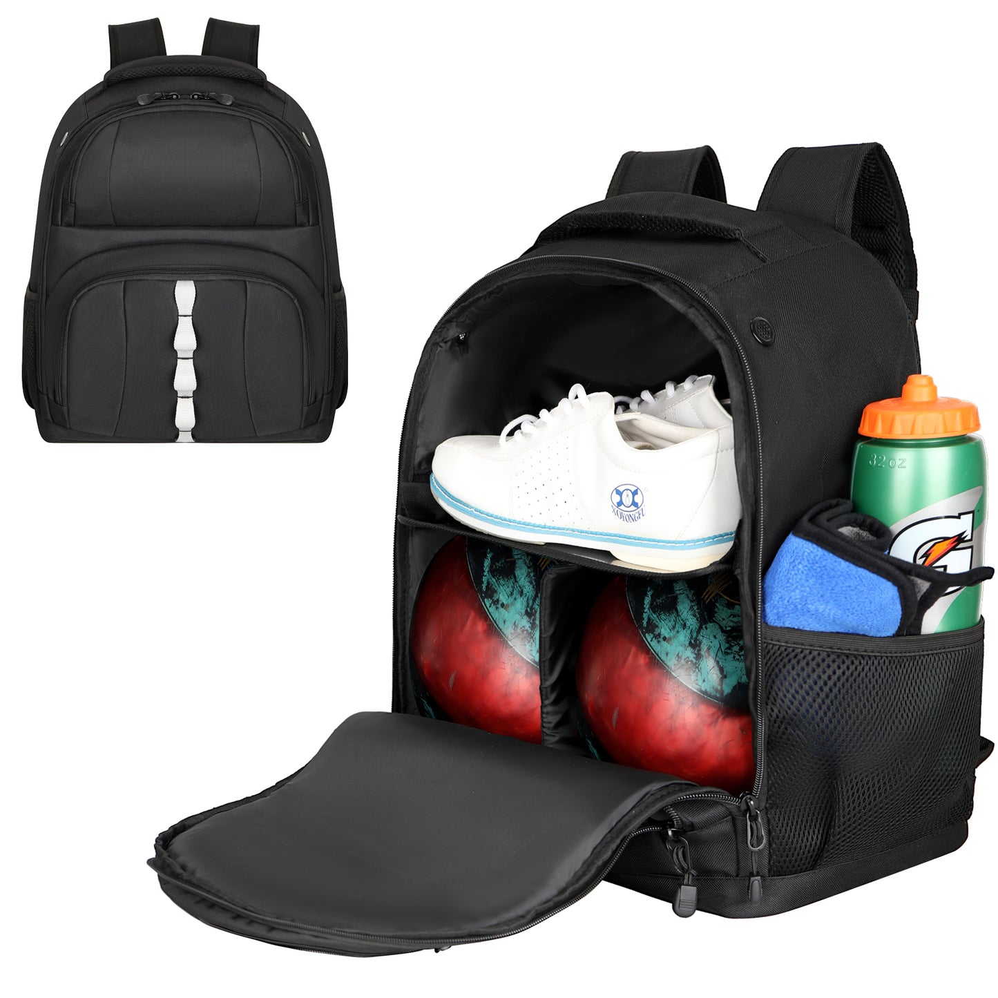 2 Ball Bowling Backpack,Bowling Ball Bag with Shoe Compartment & Portective Foam Padded, Fits Shoes Up to US Size 16