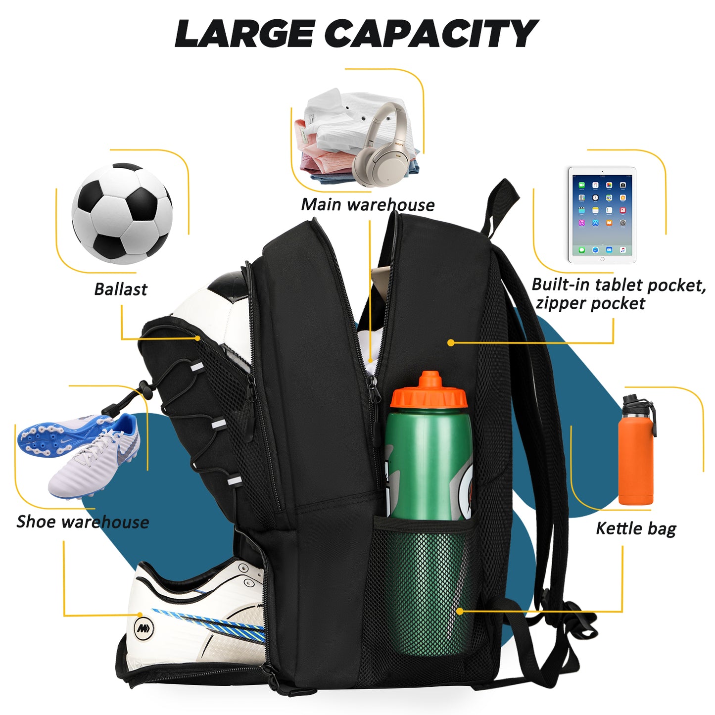 Goloni Soccer Bag, Basketball Bag with Ball Compartment & Shoe Compartment,Large Soccer Backpack for Basketball,Gym，Football