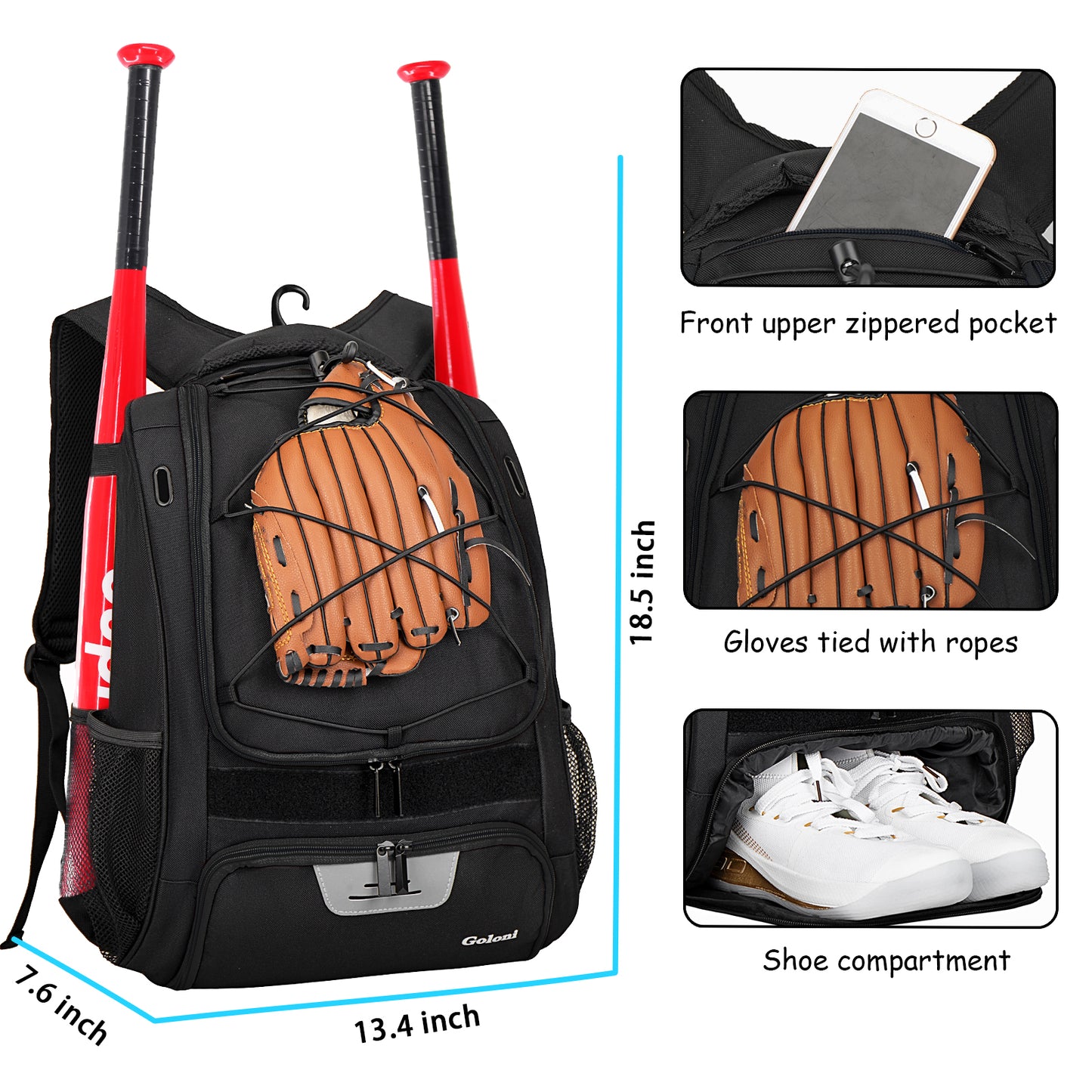 Goloni Baseball Bag,Backpack for Baseball, T-Ball & Softball Equipment & Gear,Softball Bag with Shoe Compartment,Fence Hook