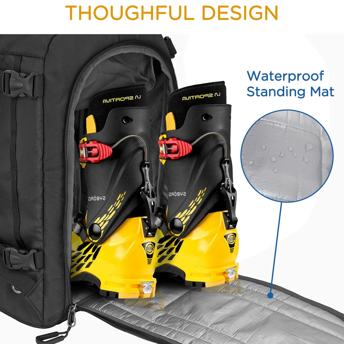 Goloni Ski Boot Bag - 50L Waterproof Ski and Snowboard Boots Travel Backpack for Skis, Snowboard, Ski Helmet, & Accessories