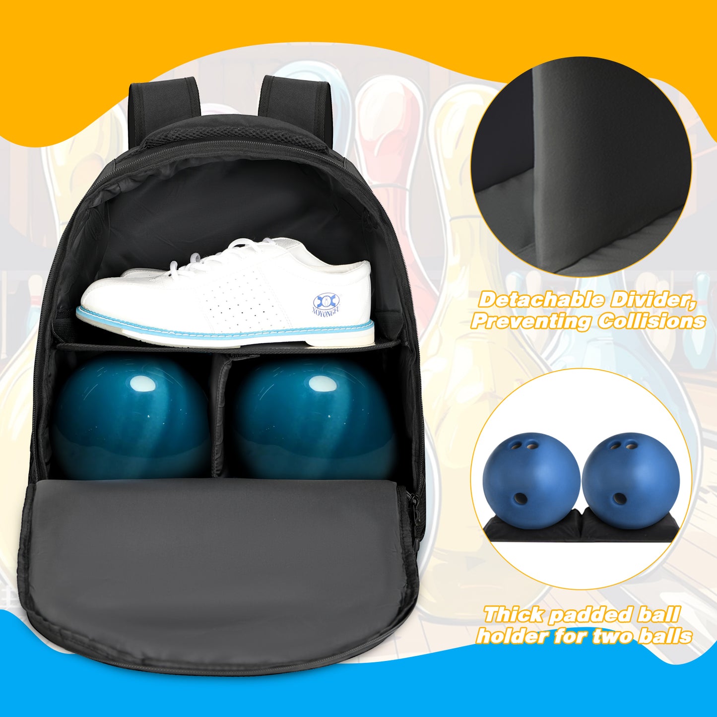 2 Ball Bowling Backpack,Bowling Ball Bag with Shoe Compartment & Portective Foam Padded, Fits Shoes Up to US Size 16