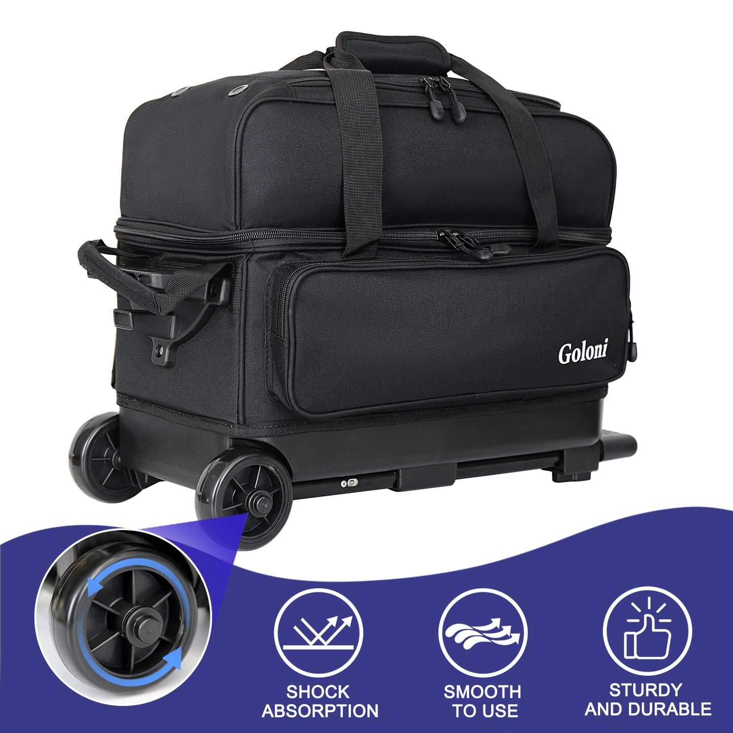 Goloni Double Roller 2 Ball Bowling Bag with Separate Shoe Compartment,2 Ball Bowling Bag with Wheels,Retractable Handle Extends to 40"