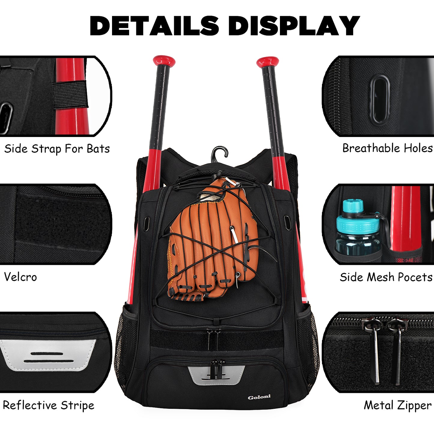 Goloni Baseball Bag,Backpack for Baseball, T-Ball & Softball Equipment & Gear,Softball Bag with Shoe Compartment,Fence Hook