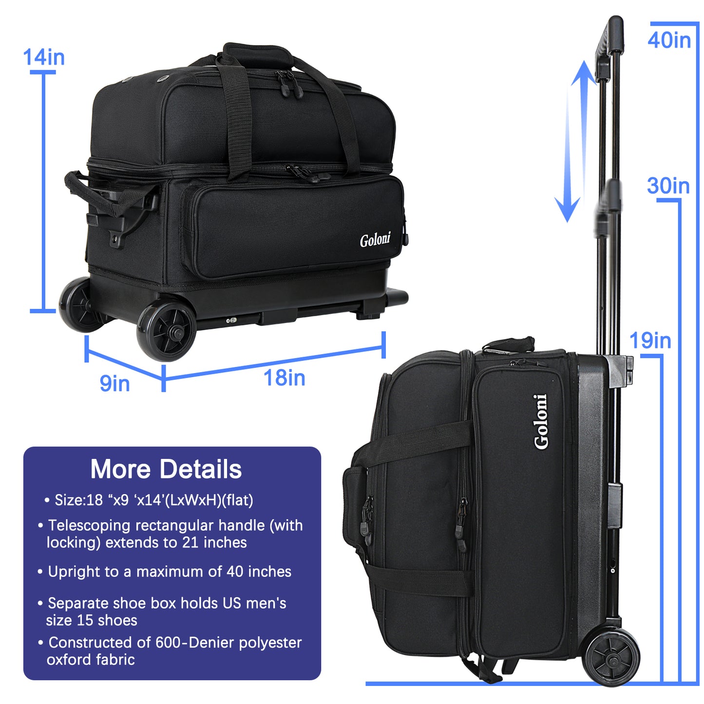 Goloni Double Roller 2 Ball Bowling Bag with Separate Shoe Compartment,2 Ball Bowling Bag with Wheels,Retractable Handle Extends to 40"