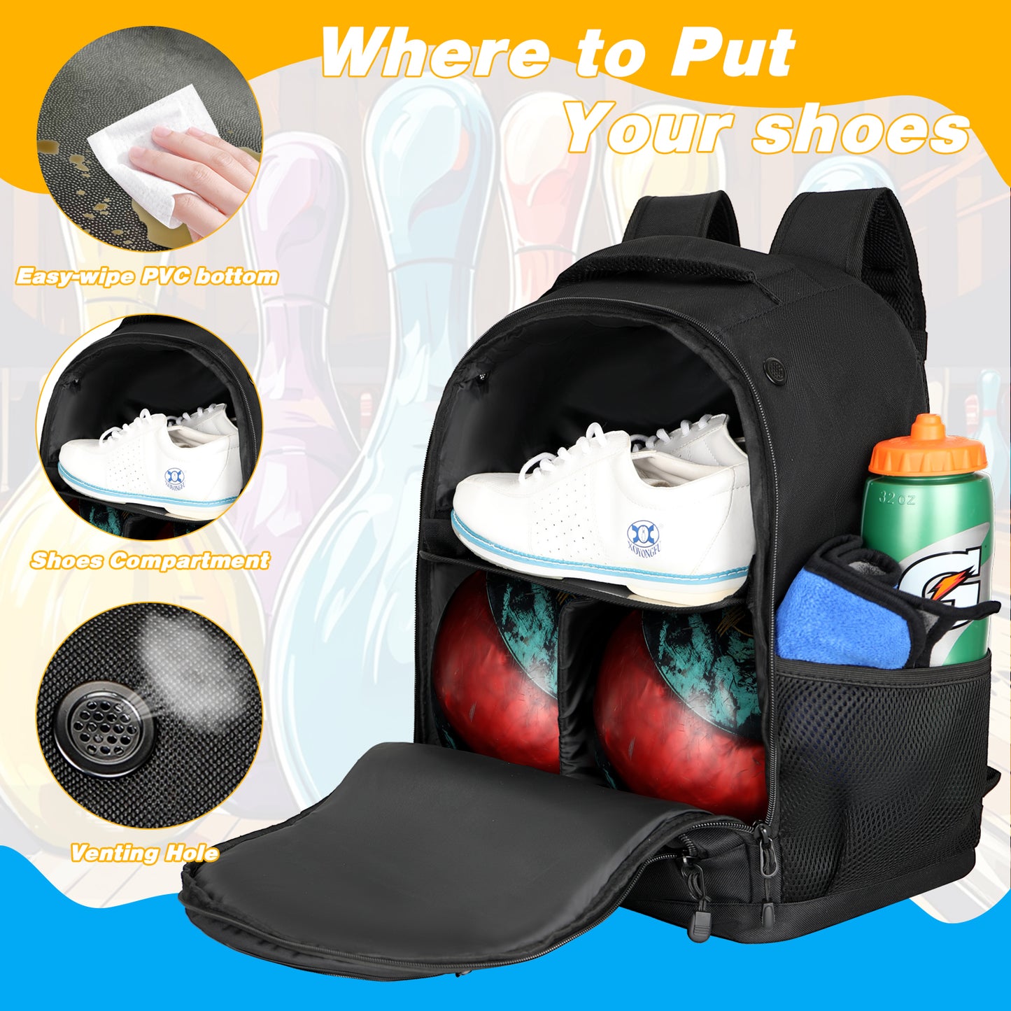 2 Ball Bowling Backpack,Bowling Ball Bag with Shoe Compartment & Portective Foam Padded, Fits Shoes Up to US Size 16
