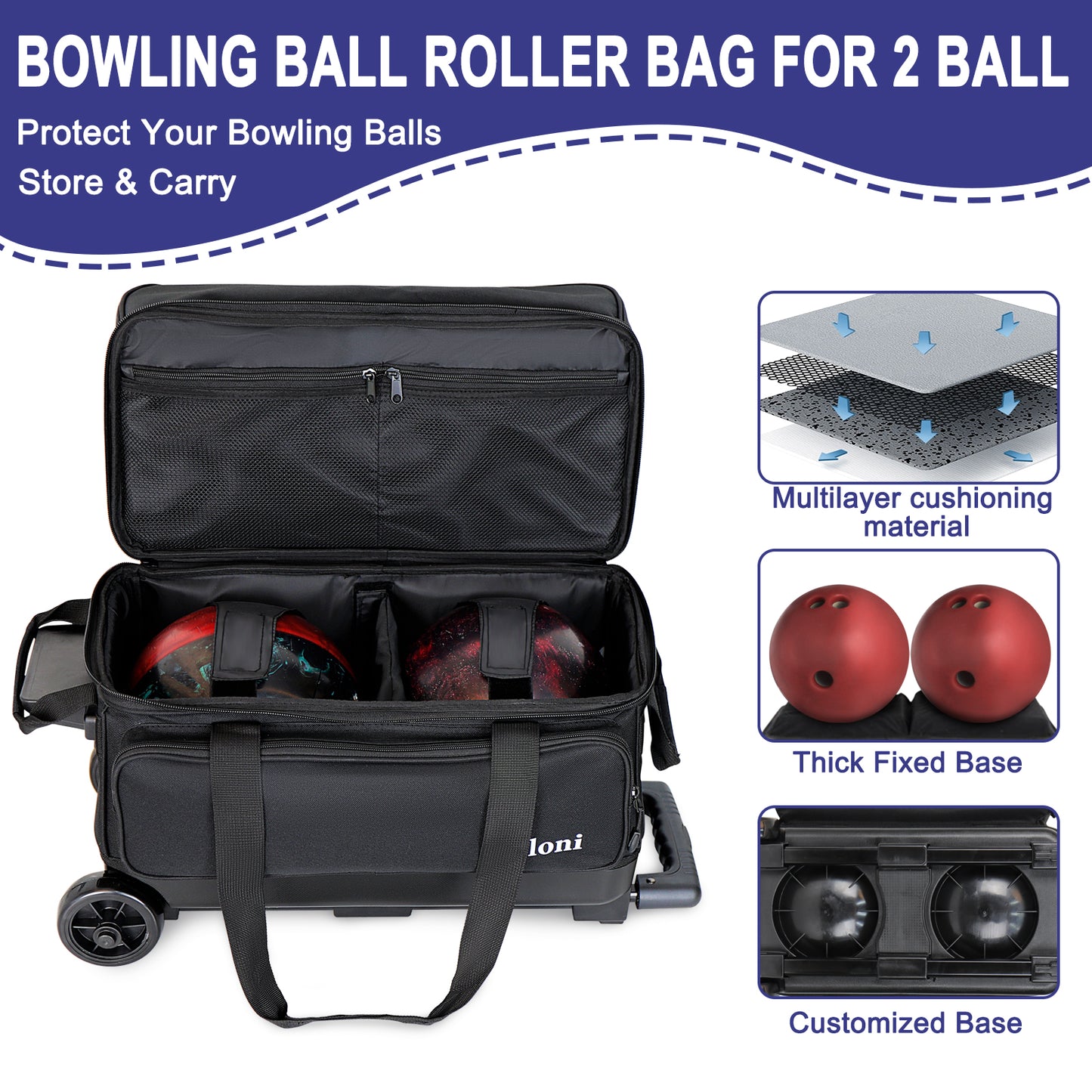Goloni Double Roller 2 Ball Bowling Bag with Separate Shoe Compartment,2 Ball Bowling Bag with Wheels,Retractable Handle Extends to 40"