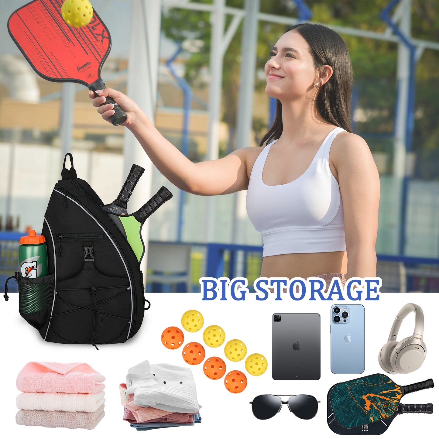 Goloni Pickleball Bag for Women,Mens Pickle ball Backpack,Lightweight Sling Bag with Fence Hook,Large Capacity,Safety Pocket