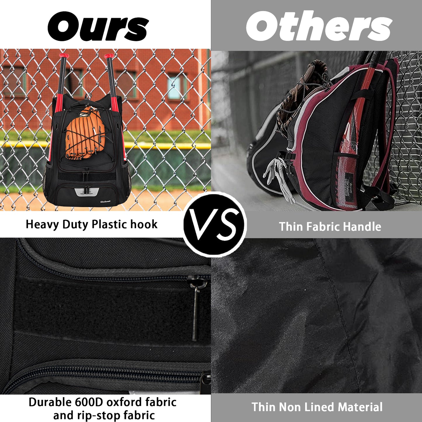 Goloni Baseball Bag,Backpack for Baseball, T-Ball & Softball Equipment & Gear,Softball Bag with Shoe Compartment,Fence Hook