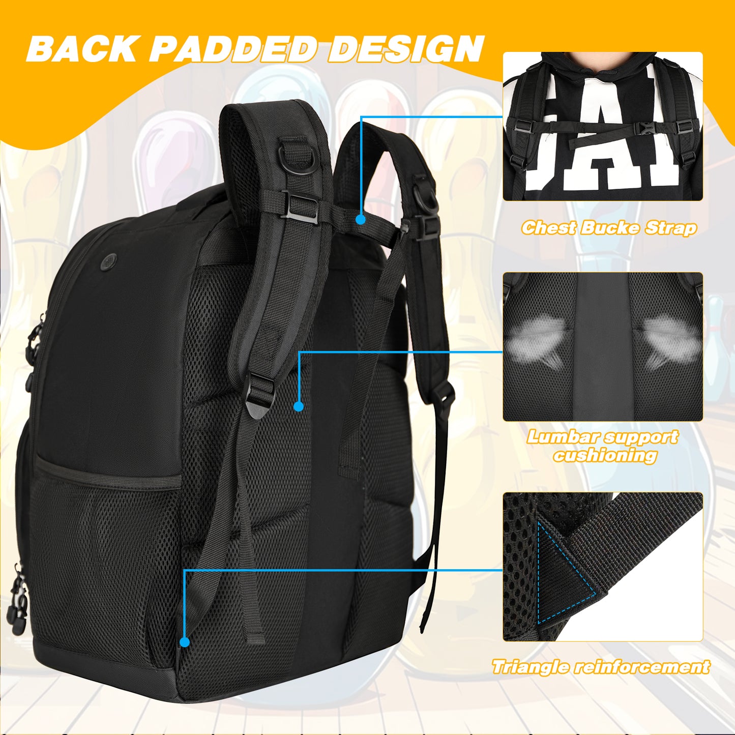 2 Ball Bowling Backpack,Bowling Ball Bag with Shoe Compartment & Portective Foam Padded, Fits Shoes Up to US Size 16