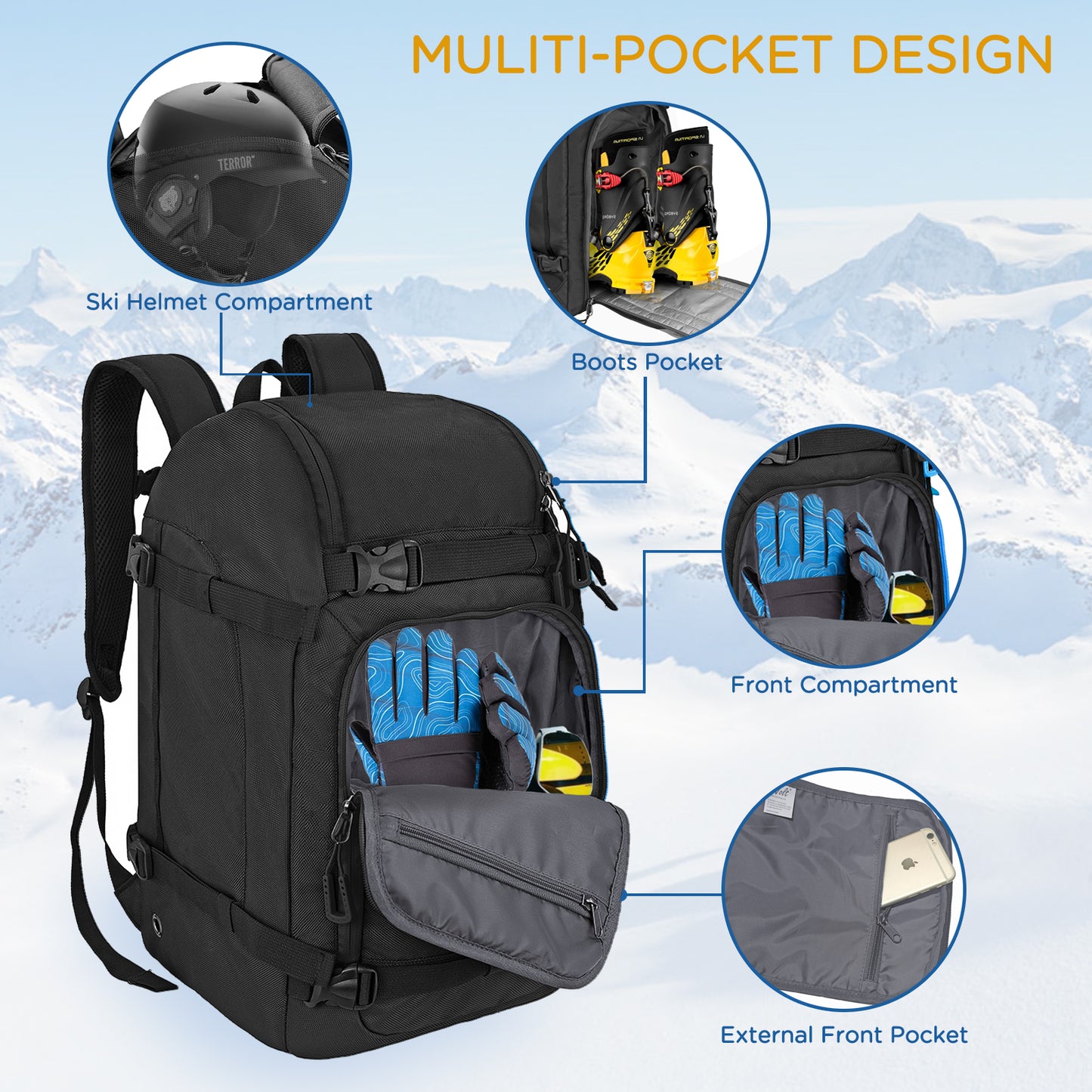 Goloni Ski Boot Bag - 50L Waterproof Ski and Snowboard Boots Travel Backpack for Skis, Snowboard, Ski Helmet, & Accessories