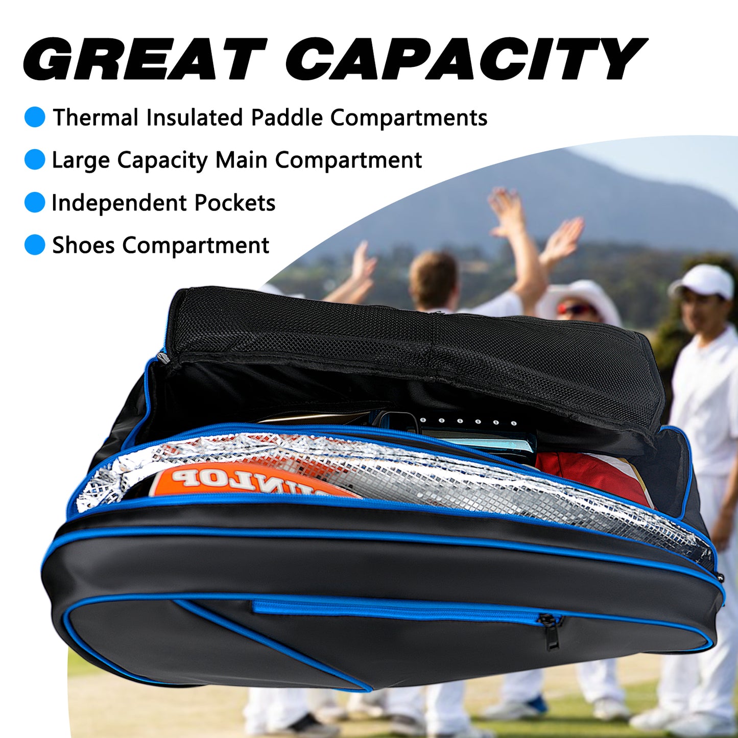 Goloni Pickleball Bag Padel Racket Backpack Large Capacity for Men Women Separate Waterproof Shoes Compartment Pickleball Accessories - Include Fence Hook & Thermal Insulated Pockets