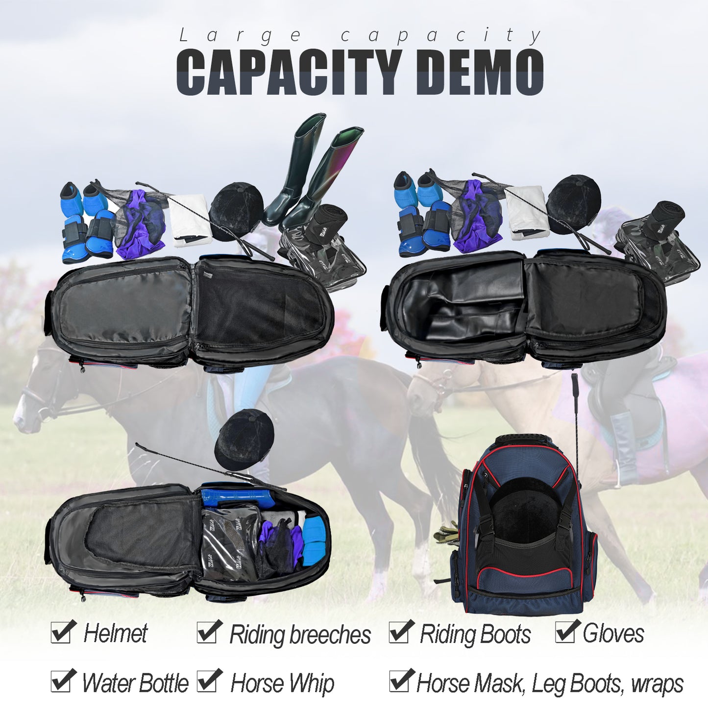 Goloni Large capacity equestrian horse riding gear horseback riding bag grooming tote bag equestrian backpack
