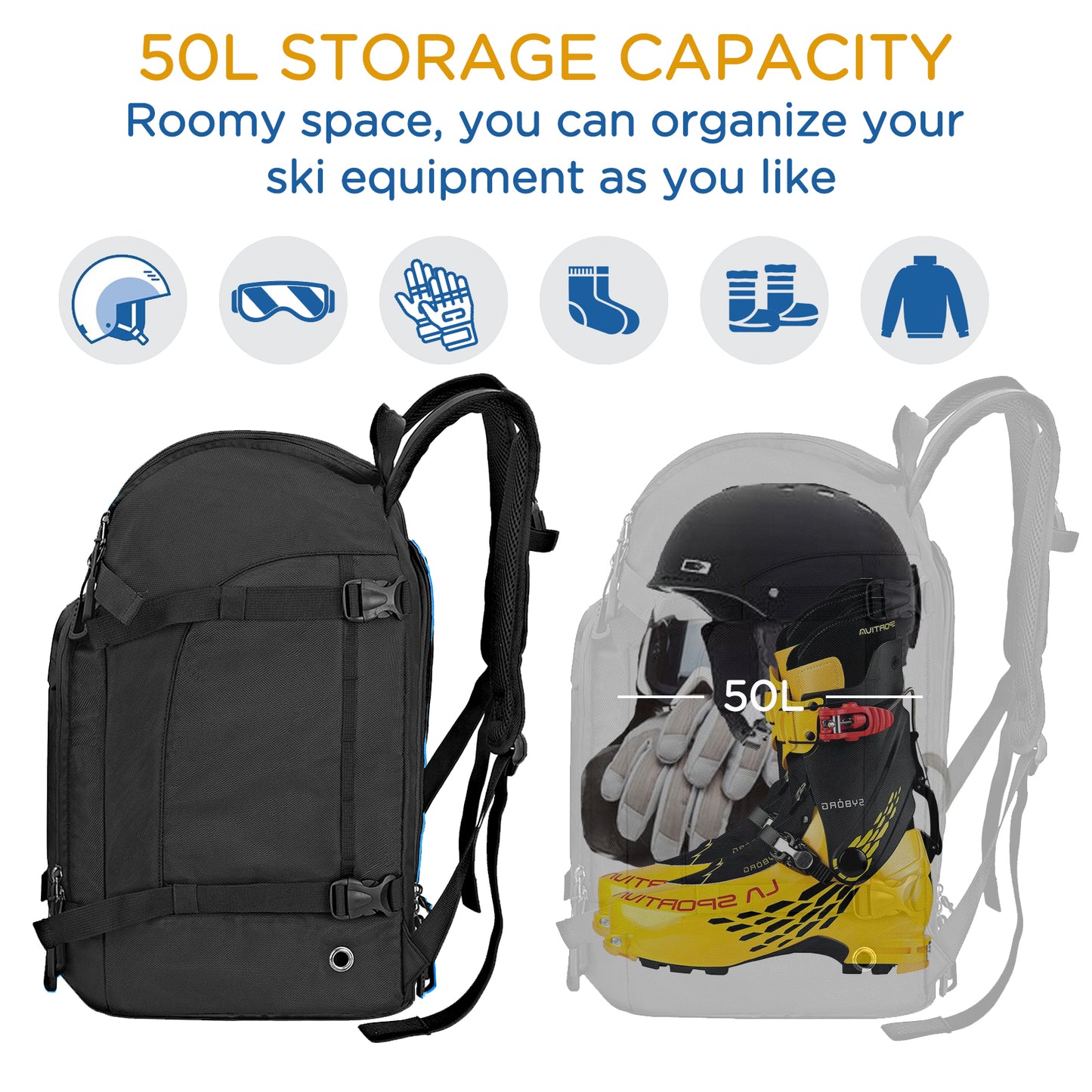 Goloni Ski Boot Bag - 50L Waterproof Ski and Snowboard Boots Travel Backpack for Skis, Snowboard, Ski Helmet, & Accessories