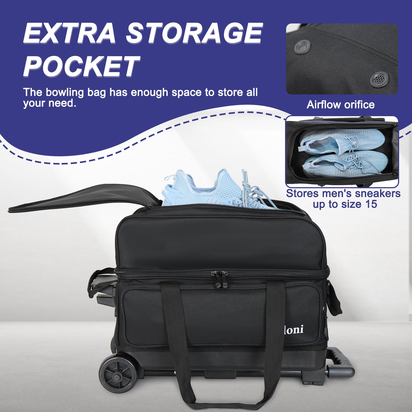 Goloni Double Roller 2 Ball Bowling Bag with Separate Shoe Compartment,2 Ball Bowling Bag with Wheels,Retractable Handle Extends to 40"