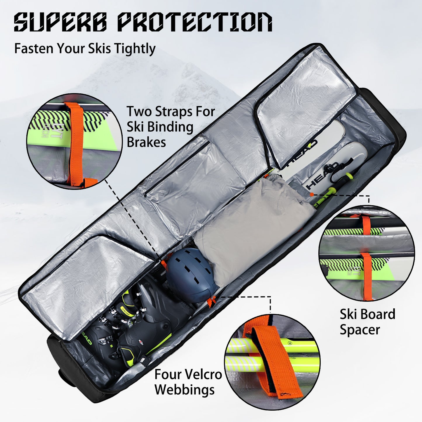 Goloni Ski Bag with Wheels,Padded Snowboard Bag for Air Travel,600D Waterproof Fabric,Foldable Snow Bag Fits 2 Pairs Skis