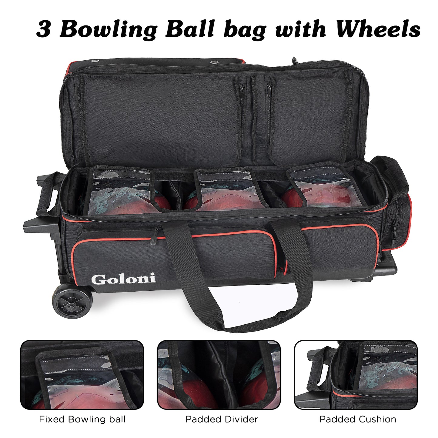 Goloni 3 Ball Bowling Bags with Wheels - Rolling Bowling Bag for 3 Balls & Accessories - Retractable Handle Extends to 38